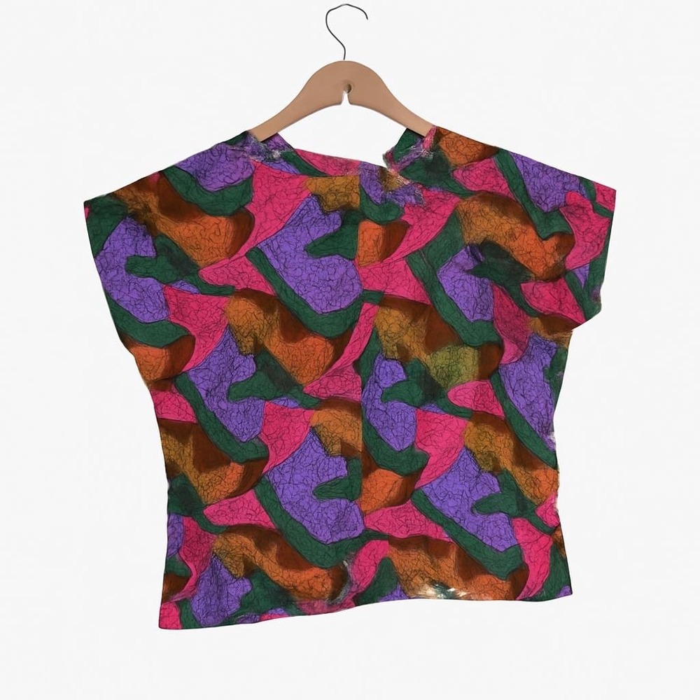 Vintage‎ 90's Feruccio Colorful Abstract Print Short Sleeve Blouse Top Size L